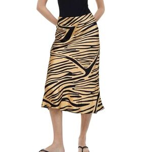 H&M New Satin Flared Midi Skirt Abstract Tiger Pattern Elastic Waistband Medium